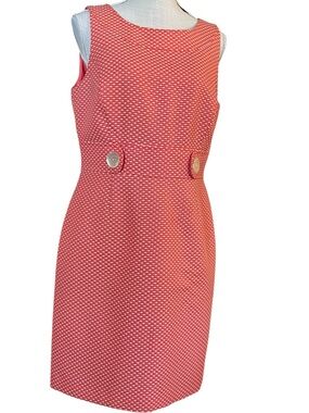 Vintage Inspired Mod Sleeveless Coral Mini Shift Dress with Waist Button Accents